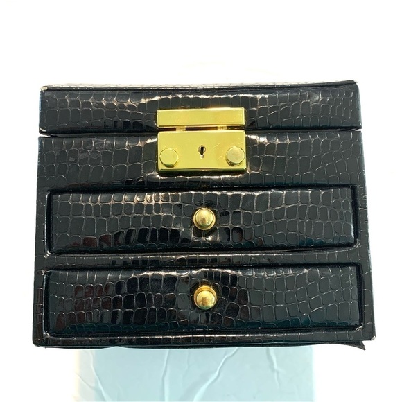 Jewelry Case Travel Trunk Faux Black Snake Leather - Picture 1 of 11